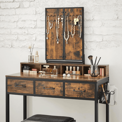 Make-up tafel – Kaptafel – Schminktafel – Make-up bureau – Vanity table – Drieluikspiegel – 3 Lades – Met Föhnhouder en Kruk - Vintage Bruin en Zwart