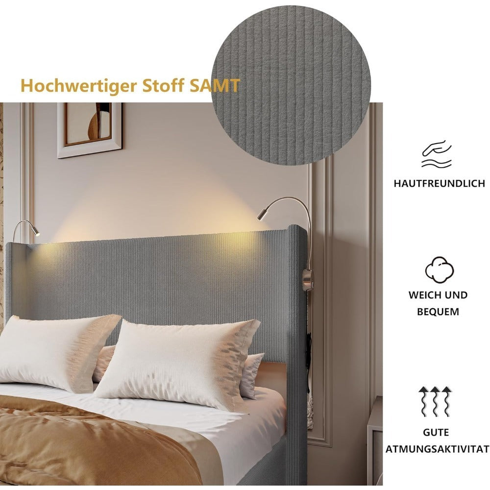 Gestoffeerd Bed – Hydraulisch Bed – Opbergruimte Bed – Tweepersoonsbed – Bedframe Met Lattenbodem – 140x200 cm – Met Leeslamp En USB Oplader – Grijs
