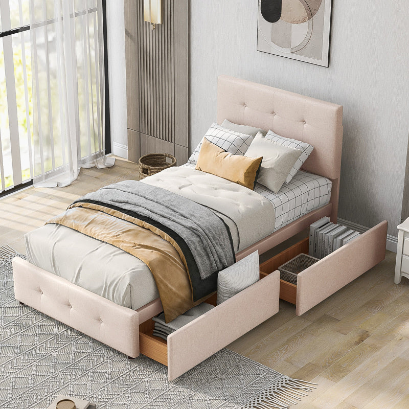 Bedbank – Slaapbank – Logeerbed – Eenpersoonsbed – Bedframe – Licht Beige Fluwelen Bekleding – Inclusief Lattenbodem en 2 Opberglades