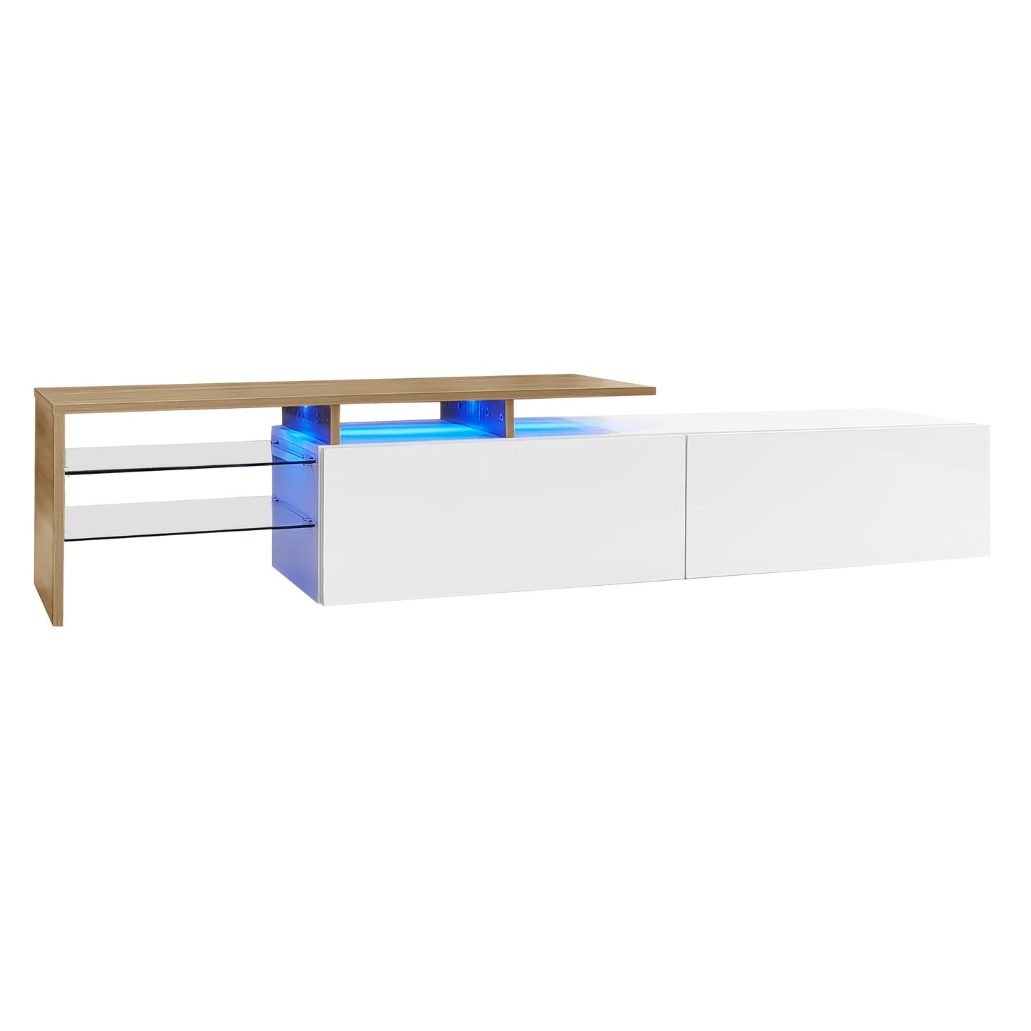 Contemporary TV Unit Design: Chic And Sophisticated, Functional Storage Options, Glossy White Finish, Wood Appearance, Glass Shelving.