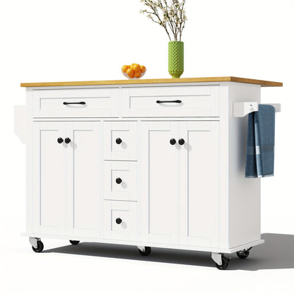Multifunctional Kitchen Trolley with Folding Worktop, 120 X 65cm, Extendable, with 5 Drawers, Cupboards, Spice And Towel Racks, On Castors - Kitchen Island for Kitchen, Dining Room And Living Room, Storage Drawer Units