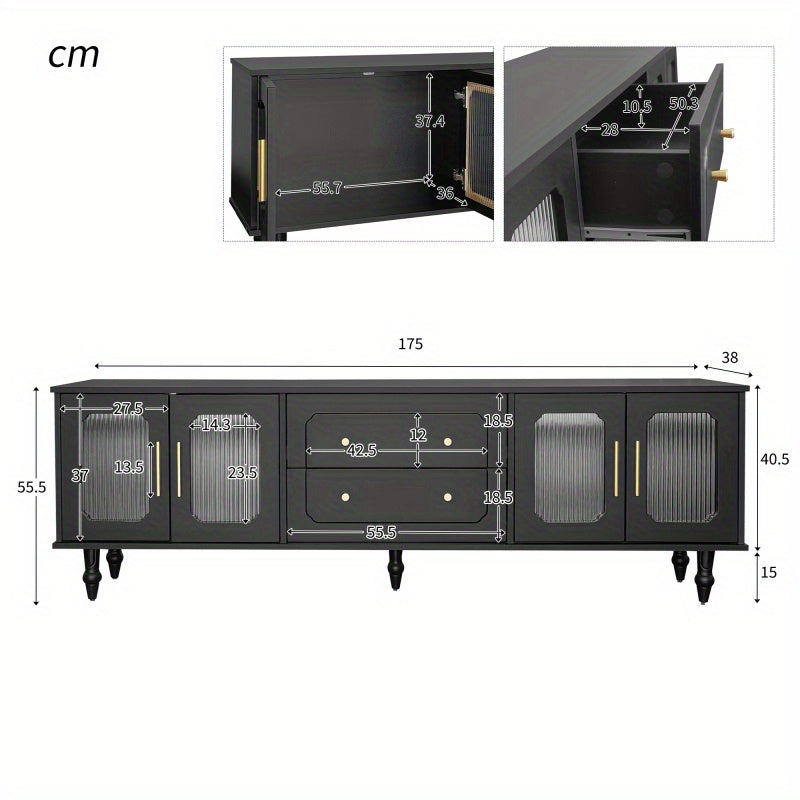 Tv-meubel – TV Kast – Lowboard – Dressoir – Mediameubel – Retro Design – Hoogglans Zwart – Massief Houten Poten – Veel Opbergruimte – Spaanplaat