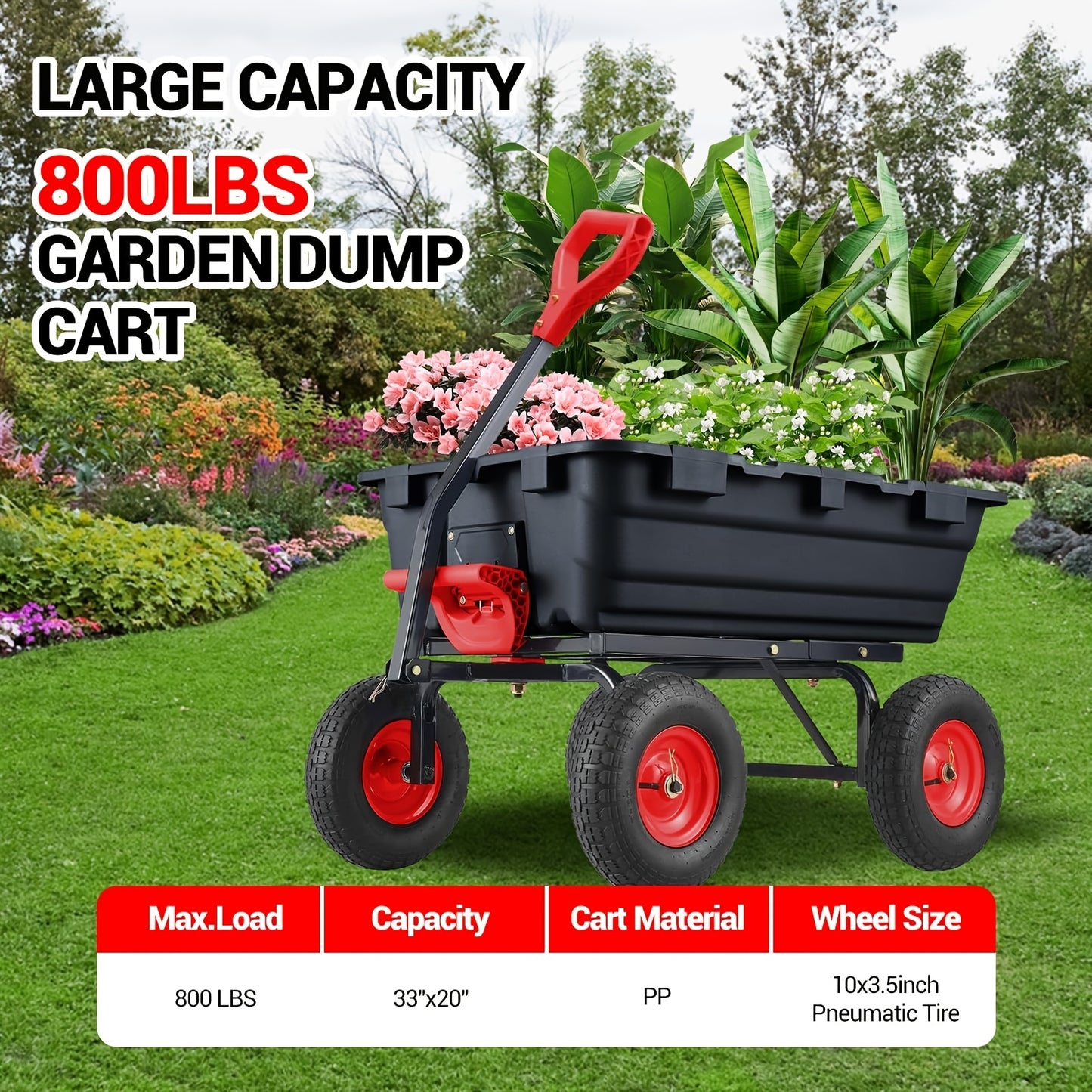 Tuinkar – Kruiwagen – Transportkar – Tuinwagen – Landbouwkar – Draagvermogen 362,87 kg – 180° Draaibare Handgreep – 10-Inch All-Terrain Banden – Stalen Frame – Kunststof Laadbak – Handmatig Gebruik