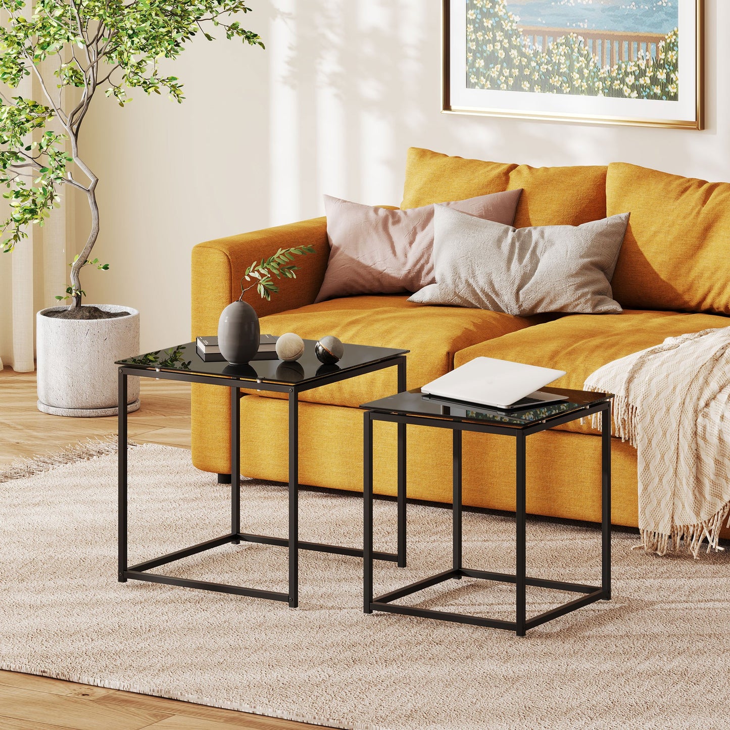 Bijzettafel – Bijzettafeltje – Salontafel – Side Table – Nachtkastje – Gehard Glas Tafelblad – Stapelbaar Design