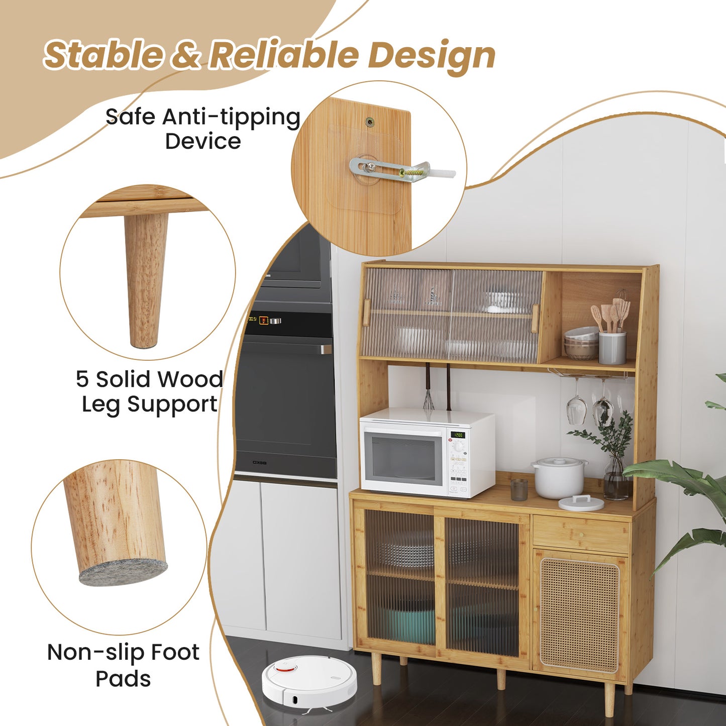 Bamboe Keukenkastje – Keukenkast – Opbergkast – Wijnkast – Buffetkast – Duurzaam Bamboe & Rattan – Anti-Kantel Systeem & 5 Lockers
