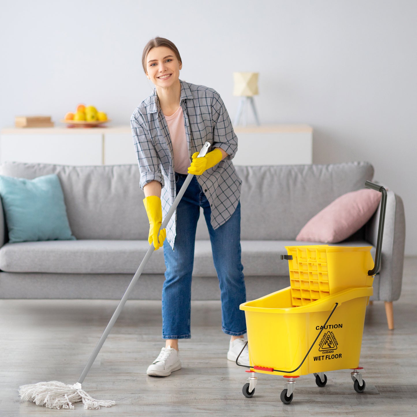 Emmer op Wielen – Mopemmer – Dweil Emmer – Schoonmaak Emmer – Emmer met Wringer – 36 Liter Inhoud – Duurzaam Kunststof Geel