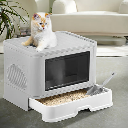 Kattenbak – Kattentoilet – Kattenbakken – Kattenbak Met Kap – Opvouwbare Kattenbak – Bovenin Instap – Inclusief Borstel – 48,5x36,5x38 cm – Duurzaam Plastic – Gesloten Design