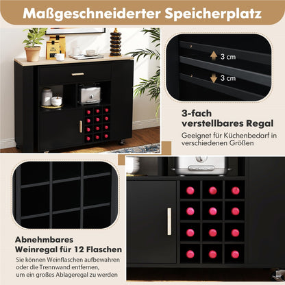 Keukentrolley – Keukenwagen – Keukenkar – Serveertrolley – Keukenmeubel – Zwenkwielen Met Remmen – Wijnrek Voor 12 Flessen – Zwart