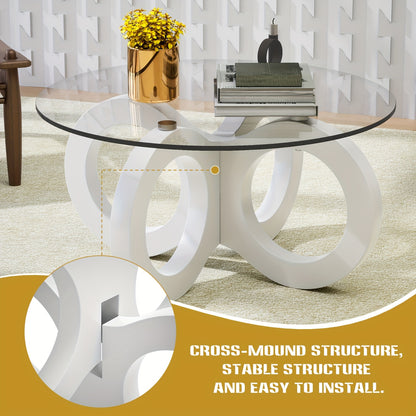 Koffietafel – Salontafel – Bijzettafel – Woonkamertafel – Rondetafel – Modern Design – Wit Glas – Ruimtebesparend – Sculpturale Oneindigheidsbasis – Diameter 80 cm – MDF & Metaal