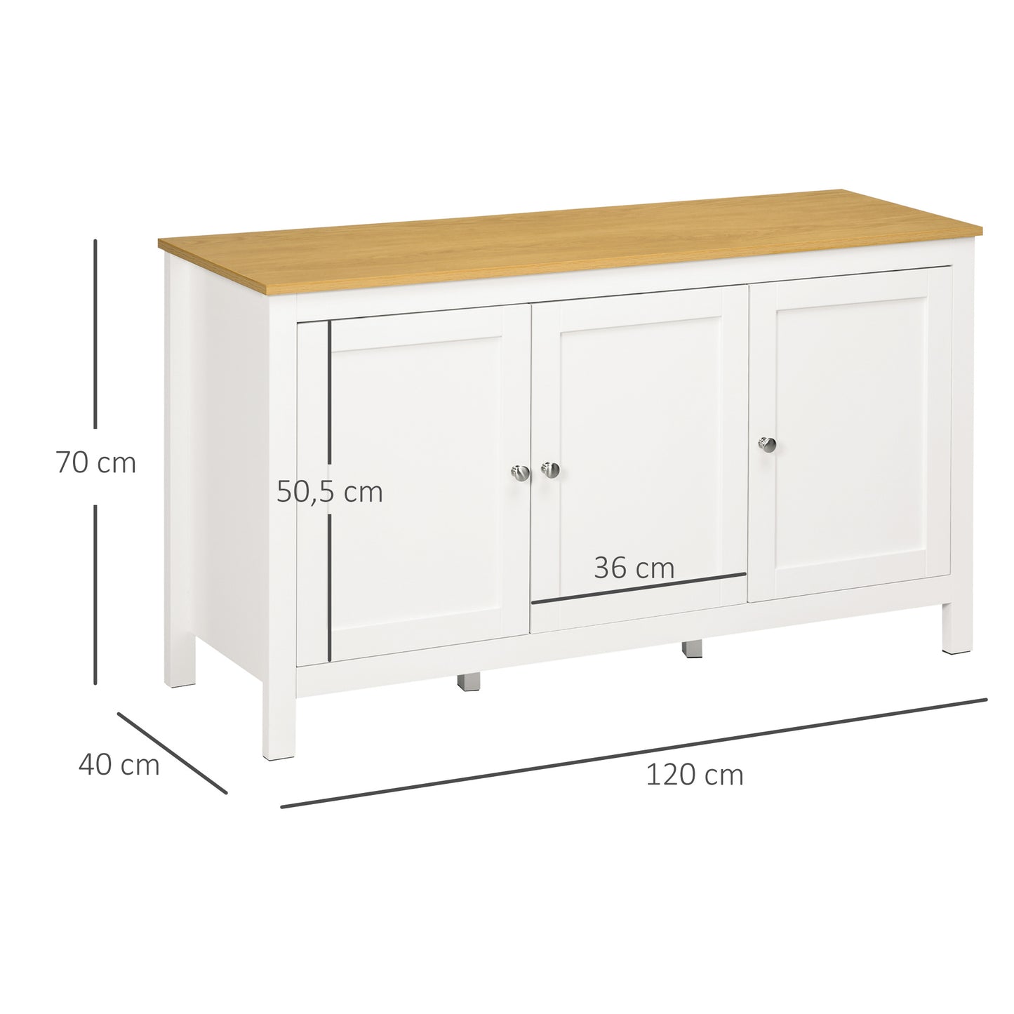 Dressoir – Sideboard – Buffetkast – Opbergkast – Woonkamerkast – 3 Deuren – 2 Verstelbare Planken – Wit Met Licht Houten Blad – 120x40x70 cm
