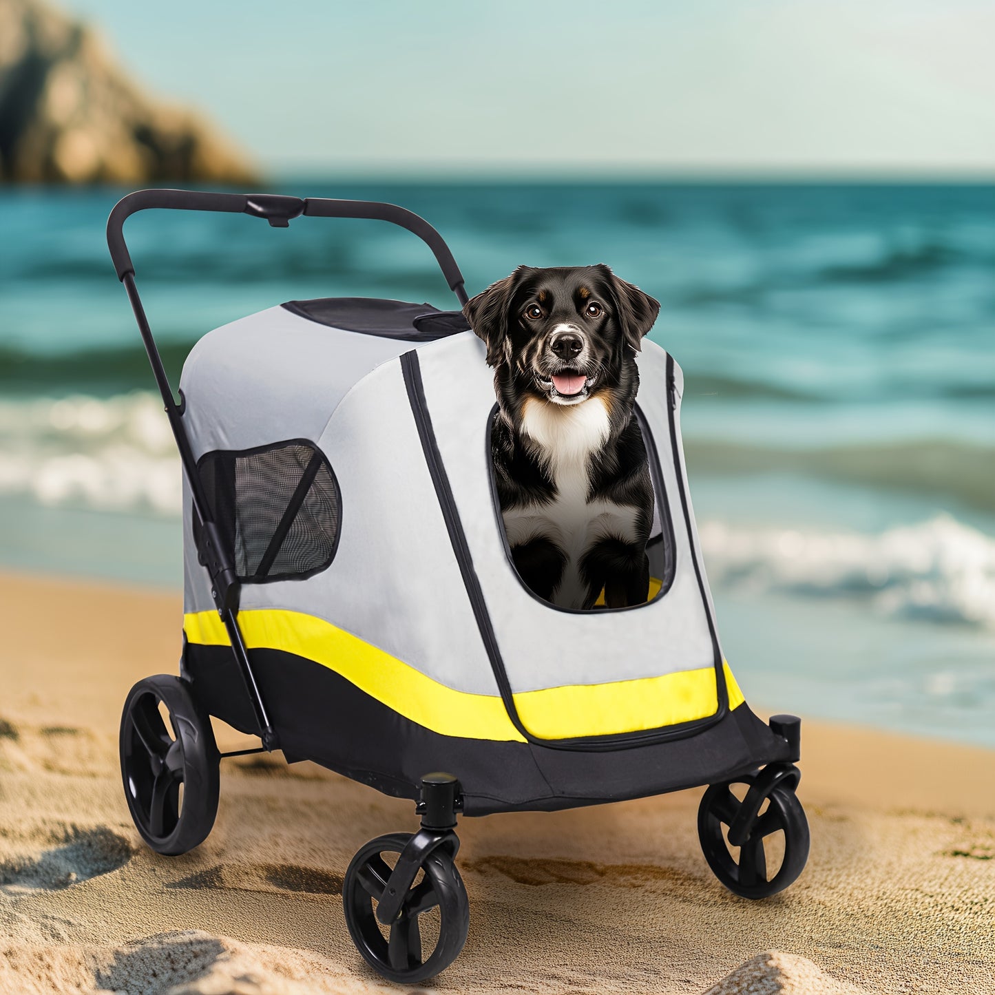 Dierenwagen – Huisdierwagen – Hondenwagen – Pet Carrier – Dierenbuggy – Voor Middelgrote en Grote Huisdieren Tot 50 kg – Stevig Ijzeren Frame – Inclusief Regenhoes