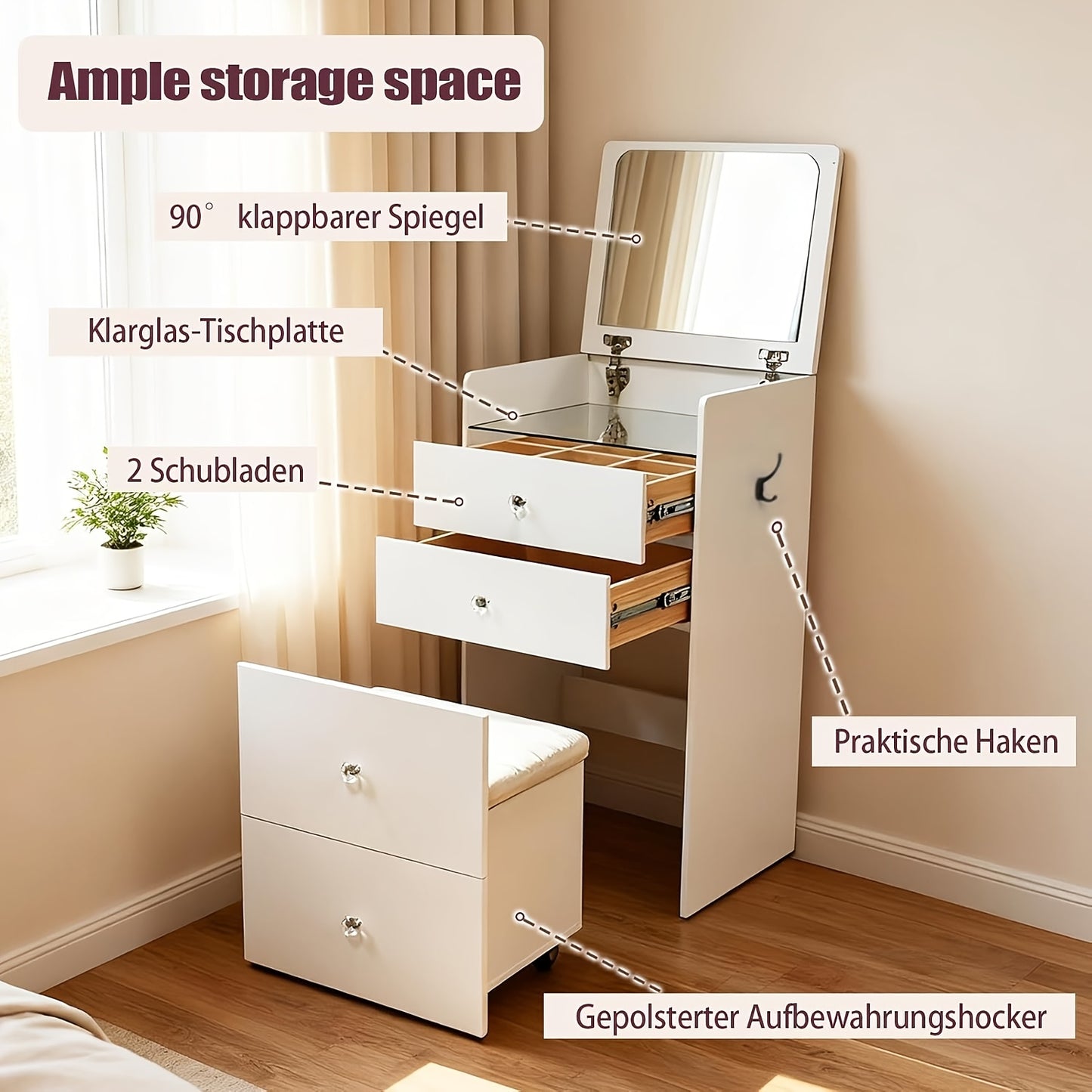 Three-in-one Corner Vanity Unit with 90° Folding Mirror, Glass Worktop, Storage-integrated Padded Stool, Side Hooks for Hanging Cosmetics, Premium Materials And Straightforward Assembly, White Finish, Space-saving Design., B