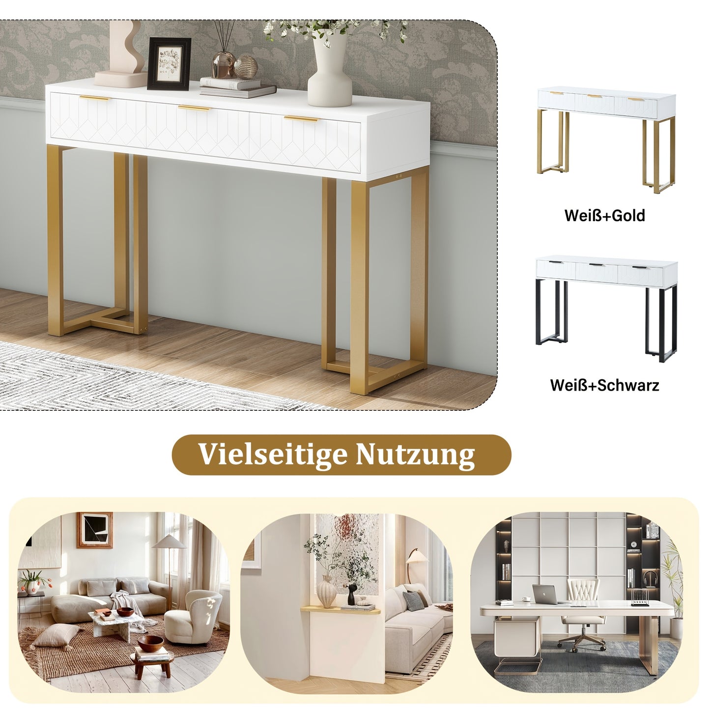 Sidetable – Consoletafel – Haltafel – Wandtafel – Bijzettafel – Modern wit design – Metaal frame met lades – Verstelbare voetjes