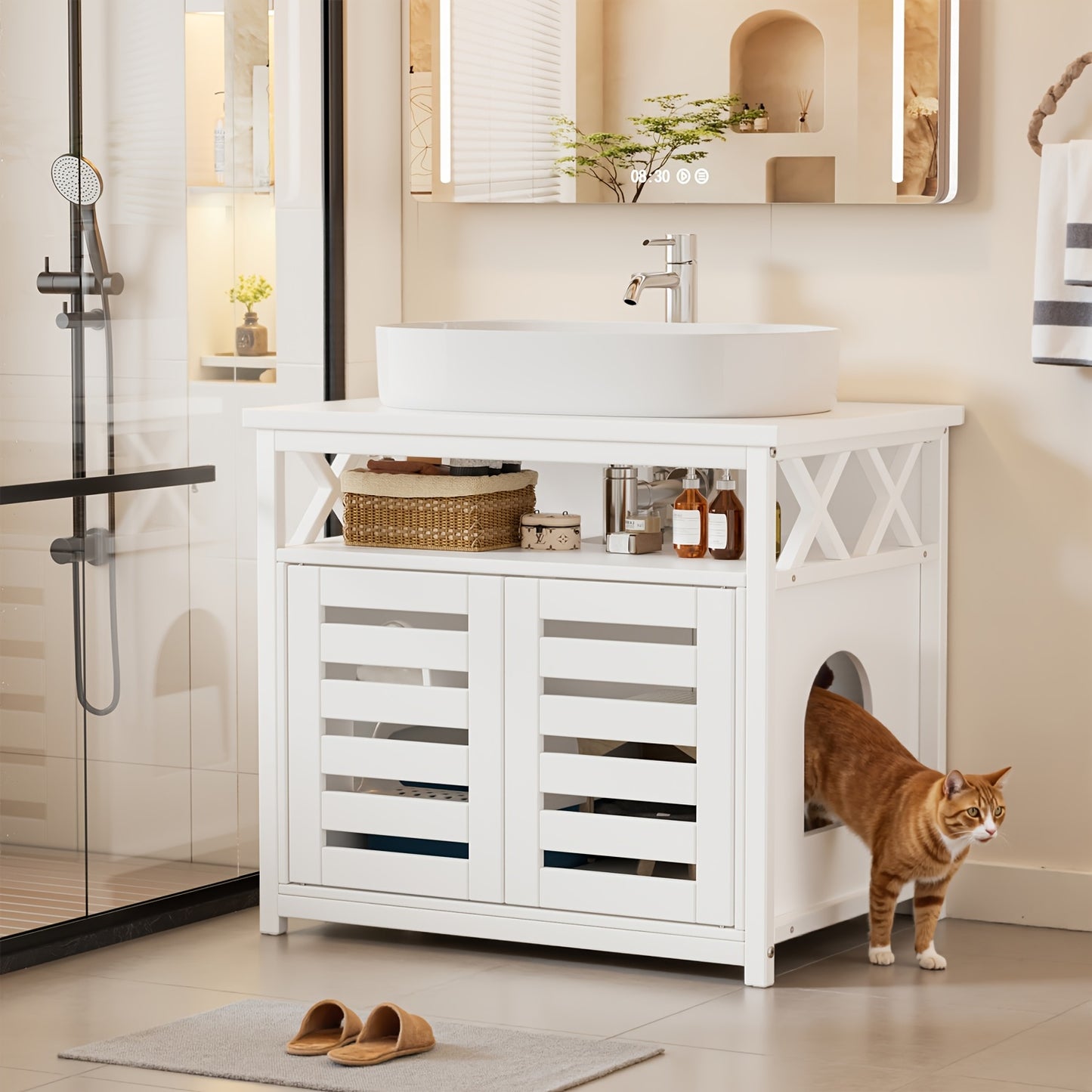Kattenbakmeubel – Kattenkast – Kattenbakkast – Kattenhuis – Kattenbakombouw – Multifunctioneel 2-in-1 – Robuust Vochtbestendig Hout 65x45x60 cm