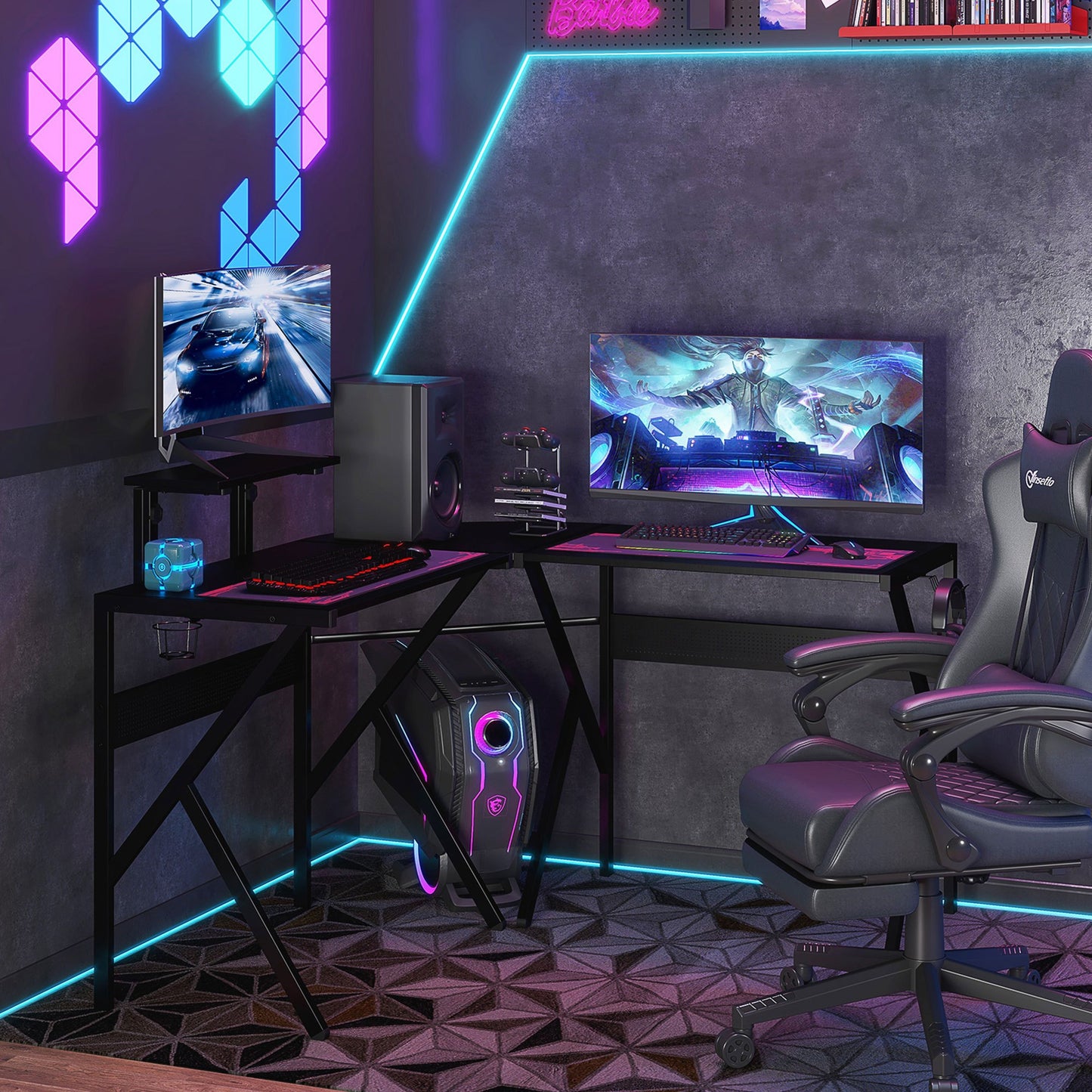 Hoekgamingbureau – Gamingbureau – Computerbureau – Werkbureau – Bureau hoekmodel – Carbon fiber textuur – Verstelbare schermplank – Metalen frame zwart