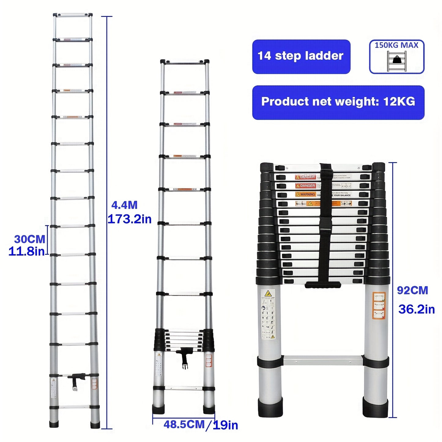 Uitklapbare Ladder – Telescopische Ladder – Uitschuifbare Ladder – Vouwladder – Aluminium Ladder – 4,4 Meter Hoogte – Maximaal 150 kg Draagkracht