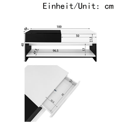 Salontafel – Koffietafel – Tafel – Woonkamertafel – Opbergtafel – Retro-Modern Design – 2 Laden Opbergruimte – Hoogglans Zwart-Wit – Ruim 100 cm – Direct Gebruiksklaar – Duurzaam Materiaal