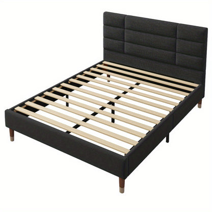 Bedframe – Houten Bed – Eenpersoonsbed – Opbergbed – Slaapbank – Modern Design – 140x200 cm – Massief Hardhout & Linnen – Geen Elektriciteit – Ruimtebesparend – Zwart