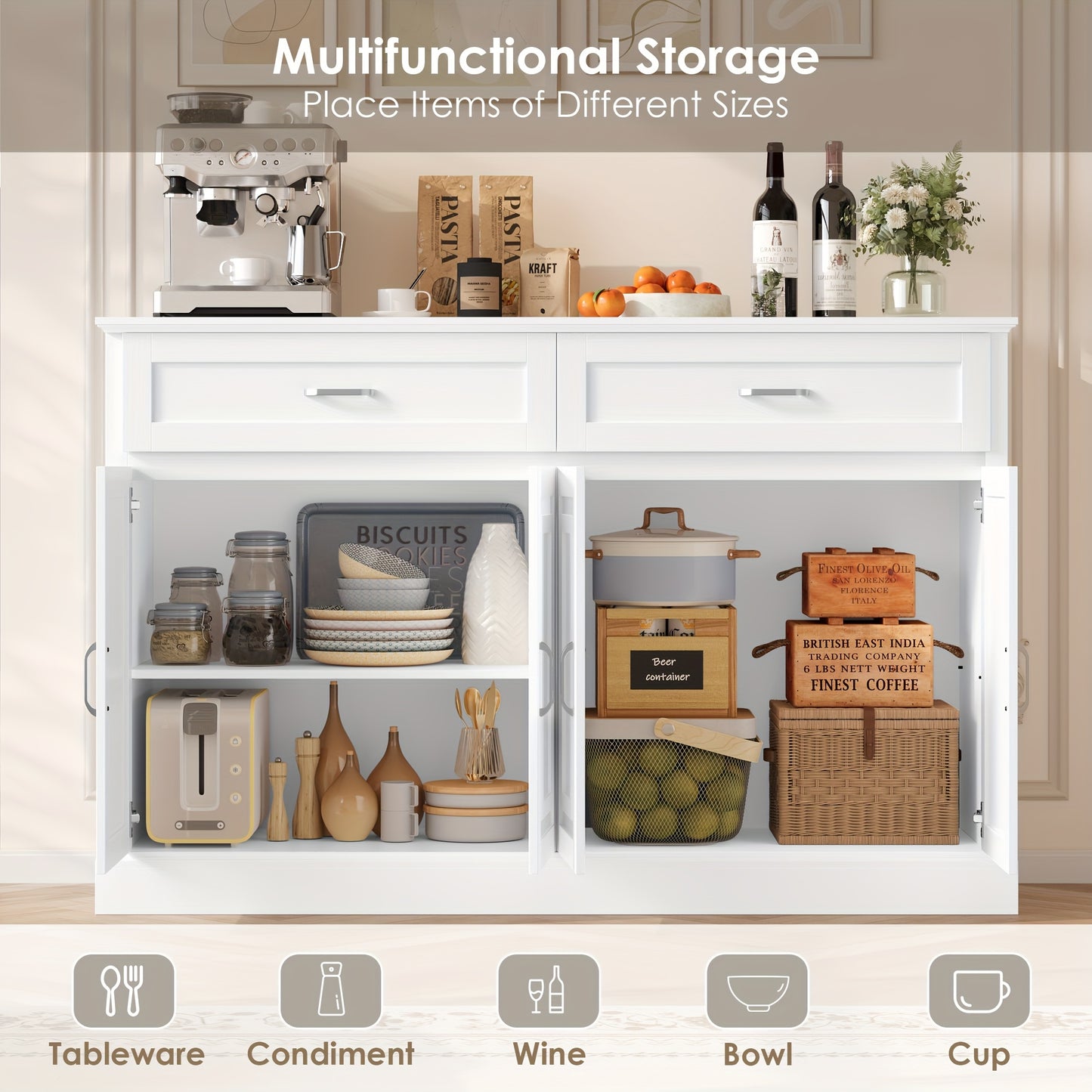 Opbergkast – Kast Met Lades – Dressoir – Bergmeubel – Witte Opbergkast – Stevig Hout & Spaanplaat – Ruime Indeling Met 3,2+ Kubieke Voet