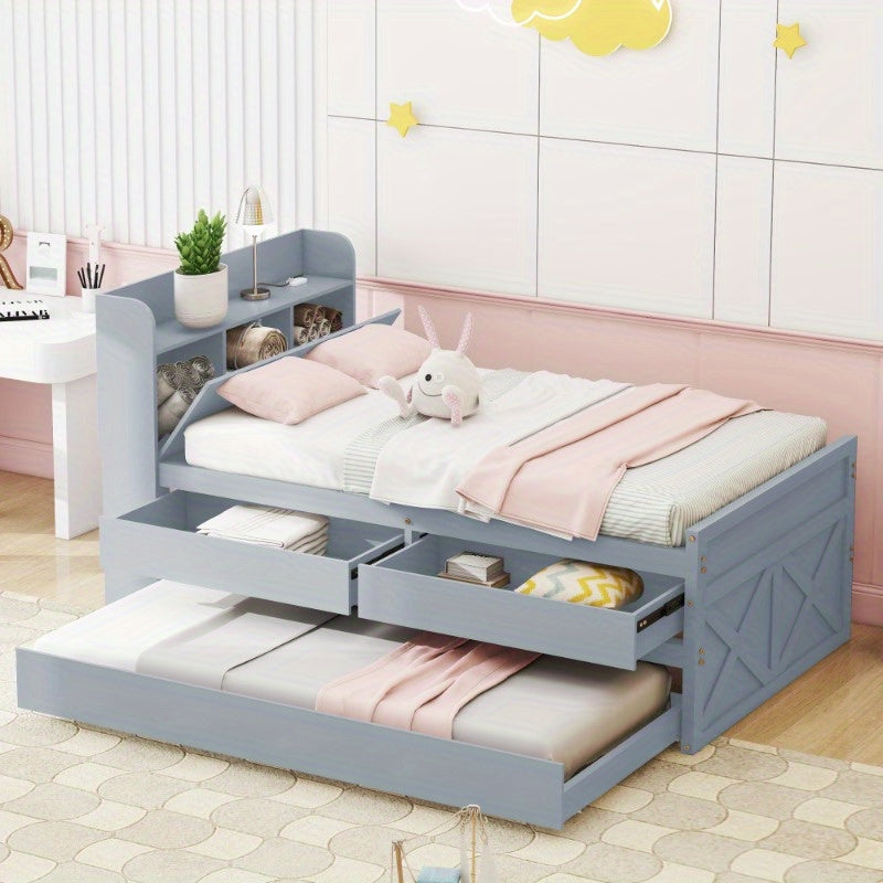 Bedframe – Eenpersoonsbed – Slaapbank – Opbergbed – Studentenbed – Compact Formaat 90x190 cm – Uittrekbare Lade & Ingebouwd Nachtkastje – Modern Kunststof Zonder Hout