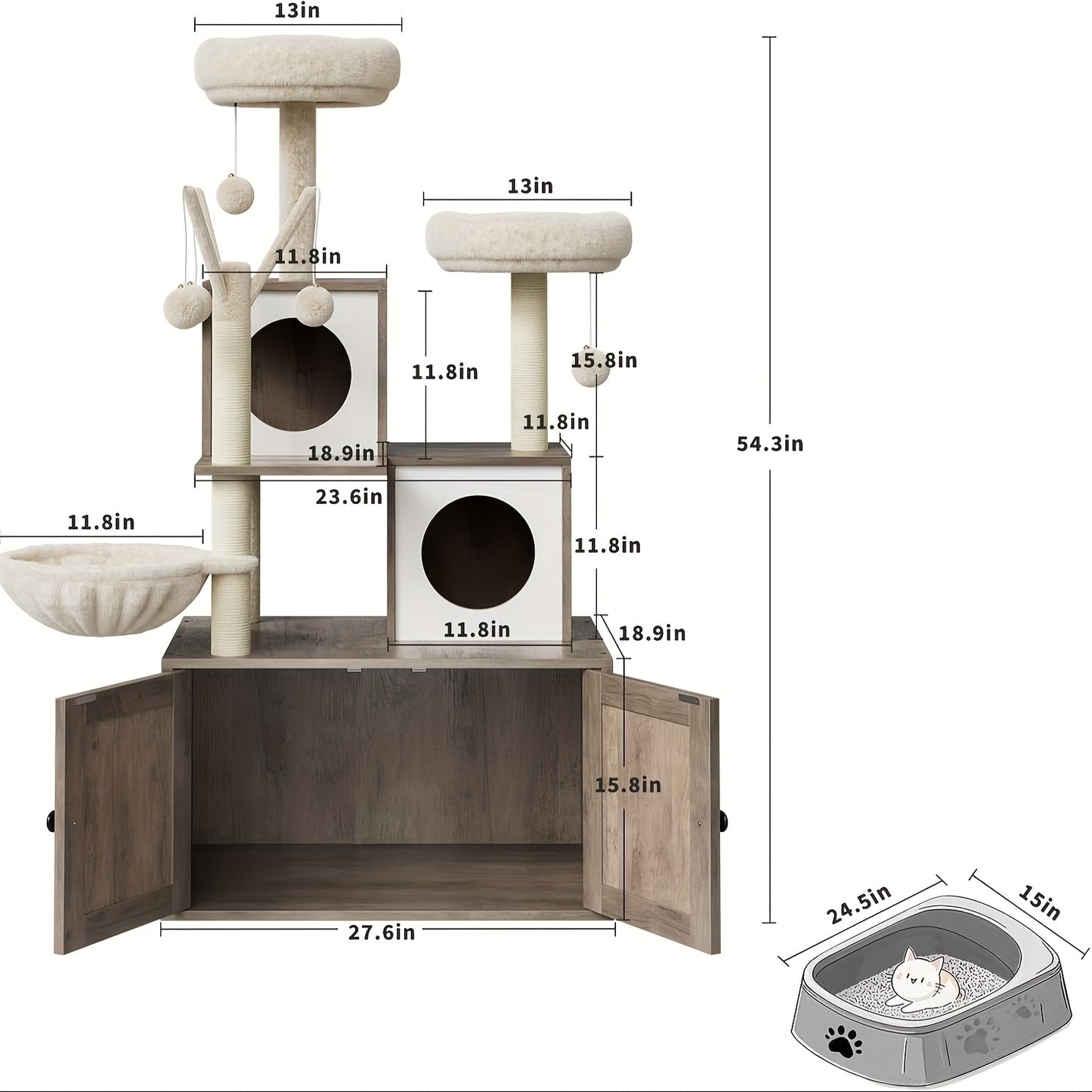 Kattenmeubel 3-in-1 – Kattenhuis – Krabpaal – Kattenboom – Kattenkraam – Multifunctioneel – Sisal Krabpaal – Opbergvakken – Grijs – Hout Met Pluche – Gemakkelijk In Elkaar Te Zetten
