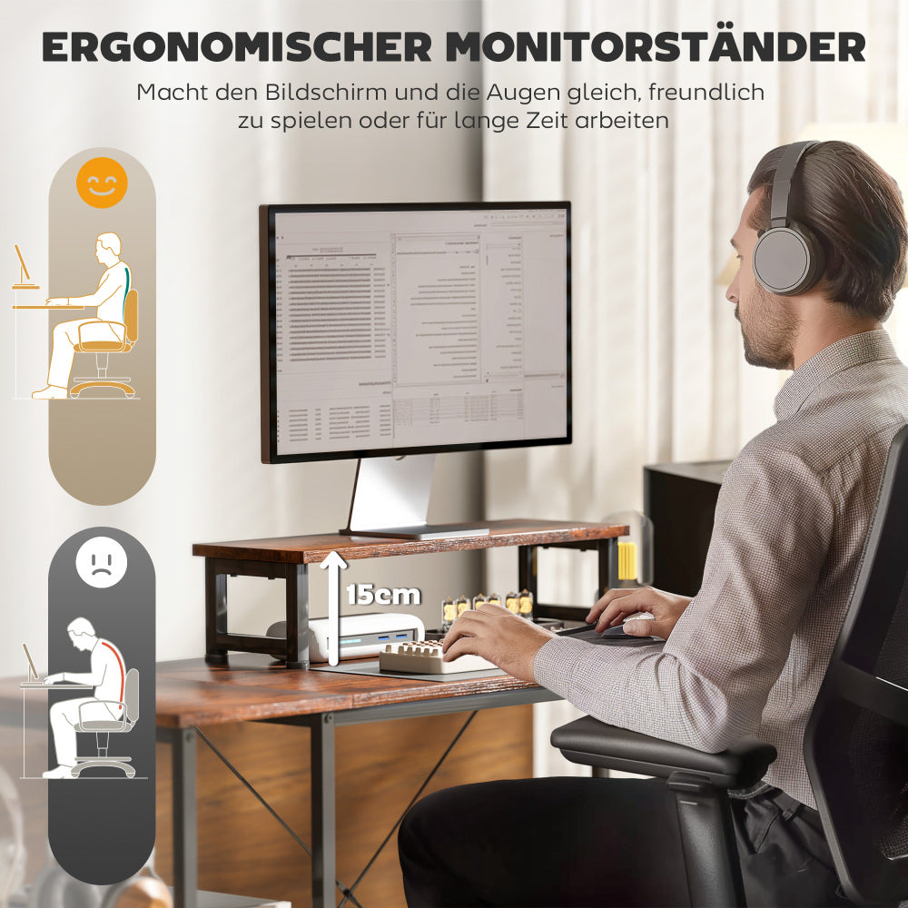 Hoekbureau – L-Vormig Bureau – Werkplek Bureau – Gamingbureau – Bureau Met Opbergruimte – Rustieke Bruine Houtlook – Verstelbare Werkbladlengte Tot 240 cm – Ergonomische Monitorstandaard Voor Schermen Tot 42 Inch
