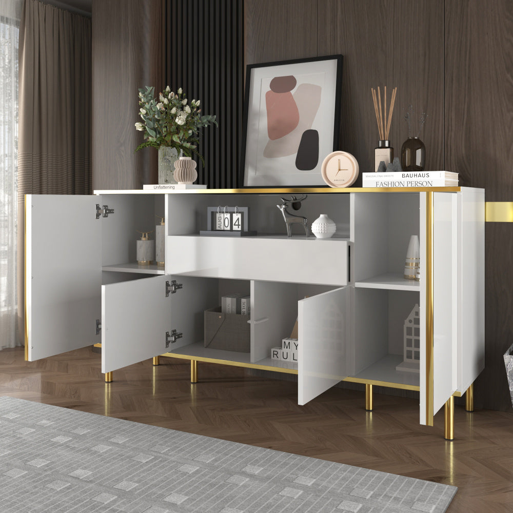 Dressoir – Sideboard – Kast – Opbergmeubel – Ladekast – Hoogglans Wit Met Gouden Accenten – 4 Deuren En 1 Lade – Ruime Opbergruimte – Compact Formaat 59x31x75 cm