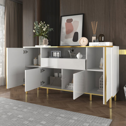 Dressoir – Sideboard – Kast – Opbergmeubel – Ladekast – Hoogglans Wit Met Gouden Accenten – 4 Deuren En 1 Lade – Ruime Opbergruimte – Compact Formaat 59x31x75 cm