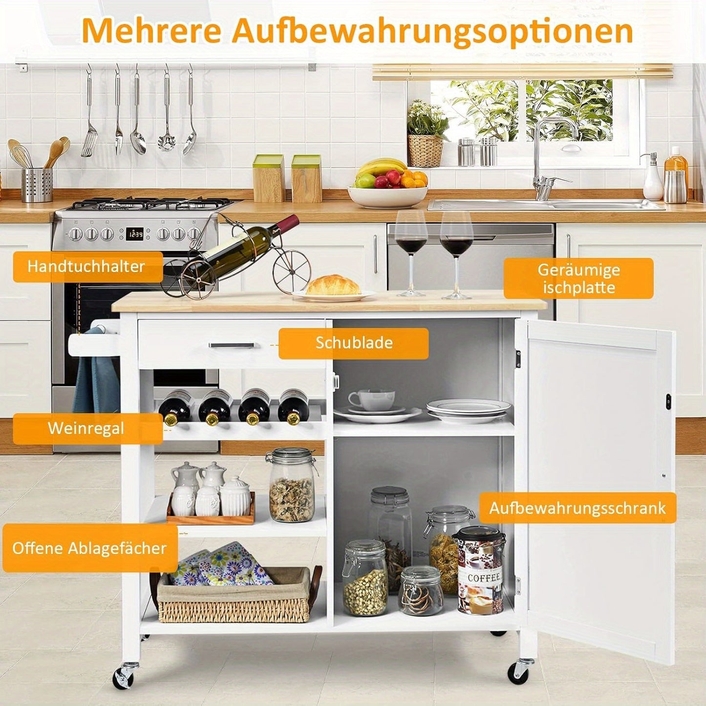 Keukenwagen – Keukenkar – Opbergwagen – Keukentrolley – Serveerwagen – Mobiel Met Wieltjes – Robuust Houten Werkblad – Wijnrek & Lade