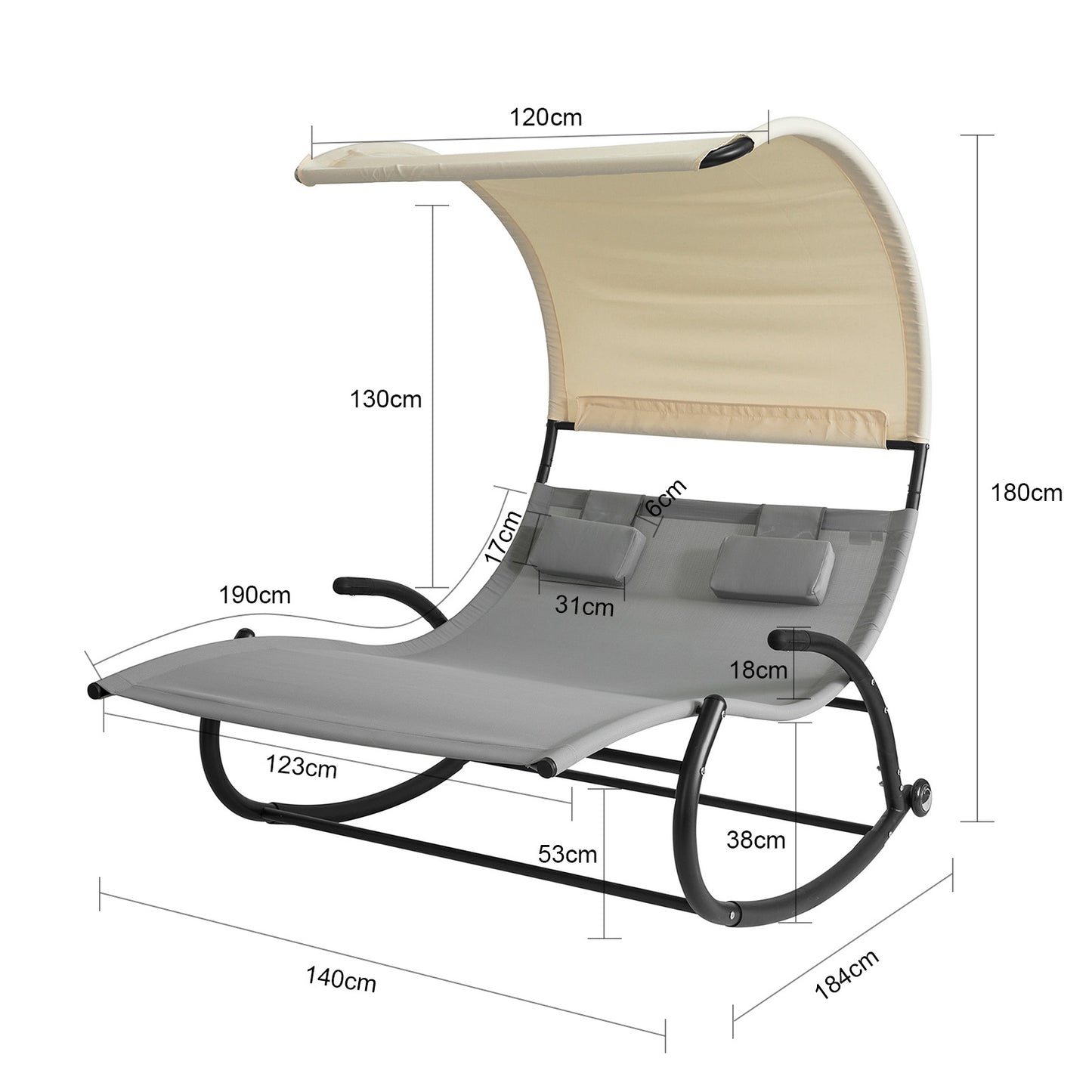 2-Persoons Loungeset – Tuinlounge – Buitenmeubel – Zandstrand Set – Verstelbare Rugleuning – Ingebouwde Parasol – Weerbestendig Metalen Frame