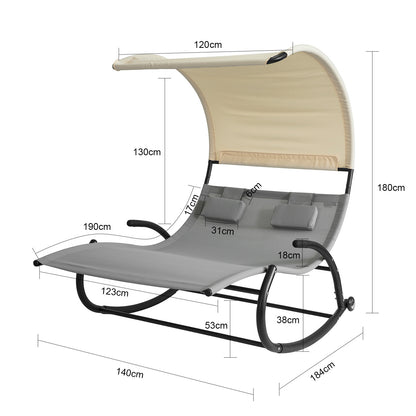 2-Persoons Loungeset – Tuinlounge – Buitenmeubel – Zandstrand Set – Verstelbare Rugleuning – Ingebouwde Parasol – Weerbestendig Metalen Frame