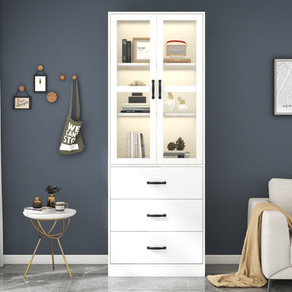Vitrinekast – Glazen Kast – Opbergkast – Wandvitrine – Standkast – Wit – 200 cm Hoog – 3 Lades & Verstelbare Planken