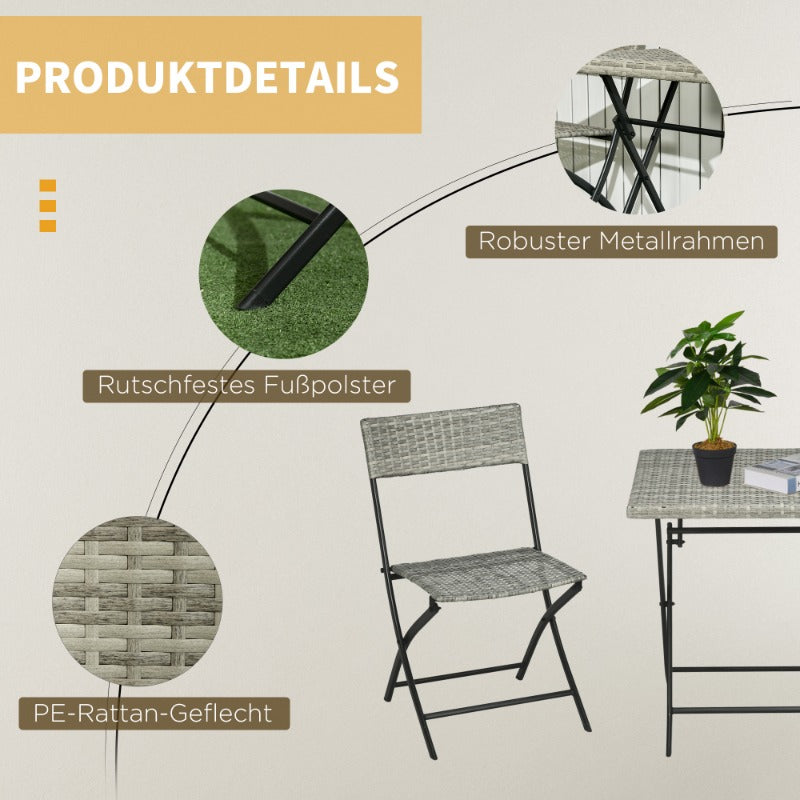 Rattan Bistro Set – Balkonset – Tuinmeubel Set – Outdoor Stoelen – Tuintafel – Lichtgrijs Metalen Frame – Duurzaam & Ruimtebesparend