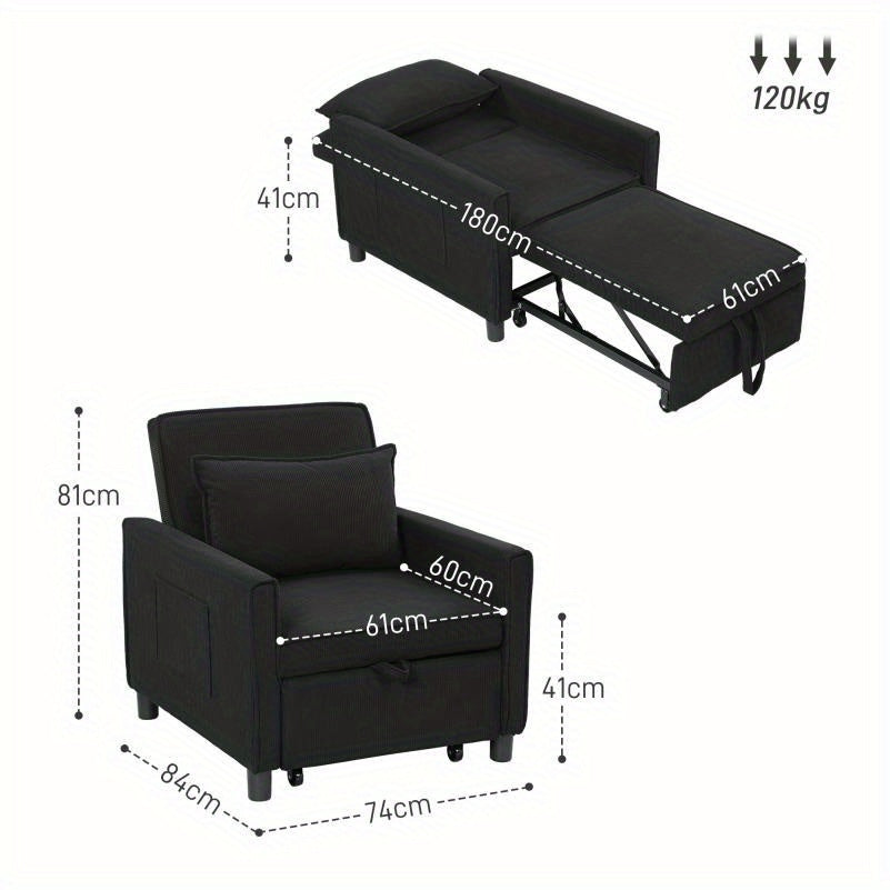 Relaxfauteuil – Relaxstoel – Loungestoel – Ligstoel – Bedstoel – 3-in-1 Verstelbaar – Opvouwbaar Met Zijvak – Zwart