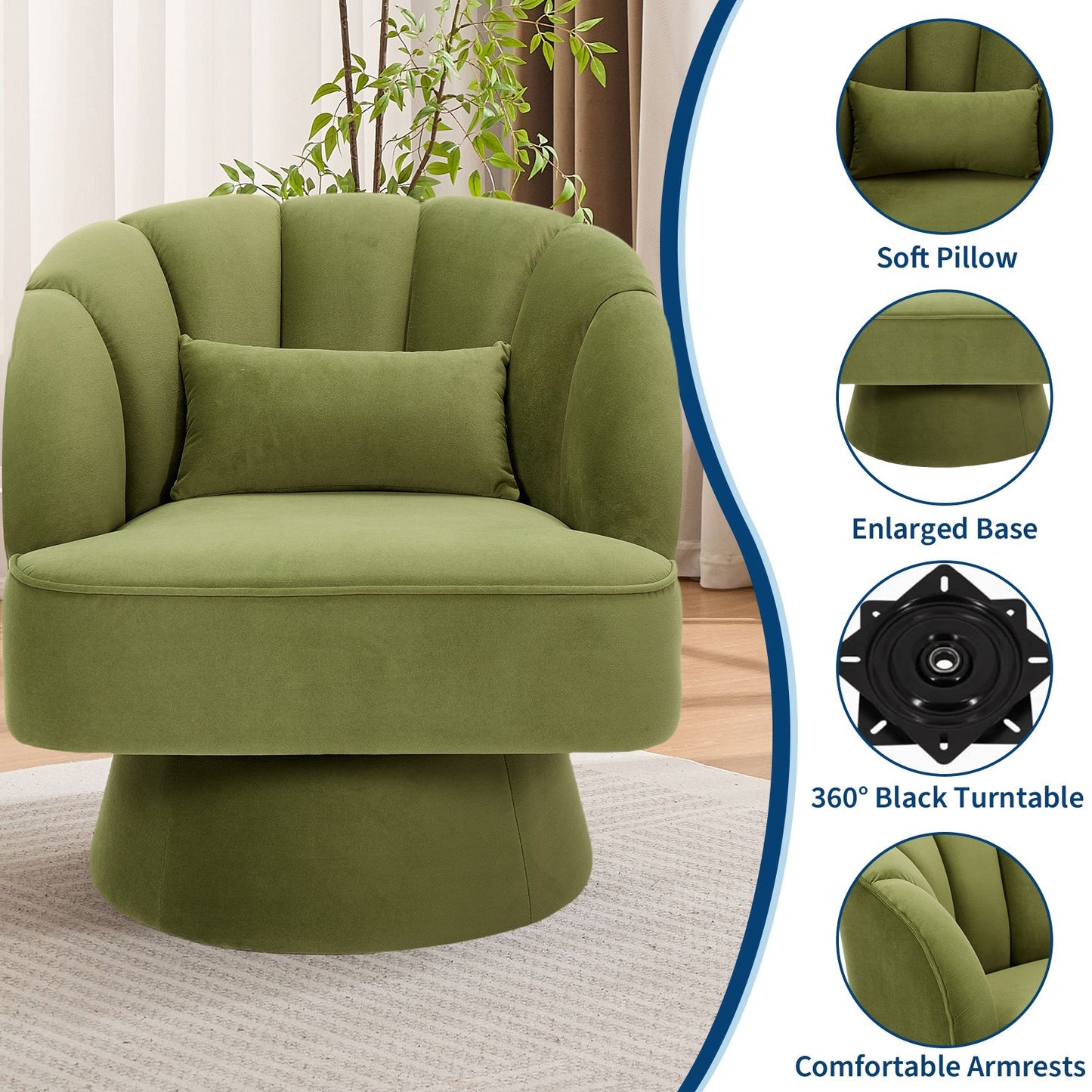Swivel Accent Chair 360° Barrel Lounge Chair with Modern Striped Backrest | Round Armchair for Living, Bedroom Reading Nook, Hardwood, Non-Adjustable, Wipe Clean