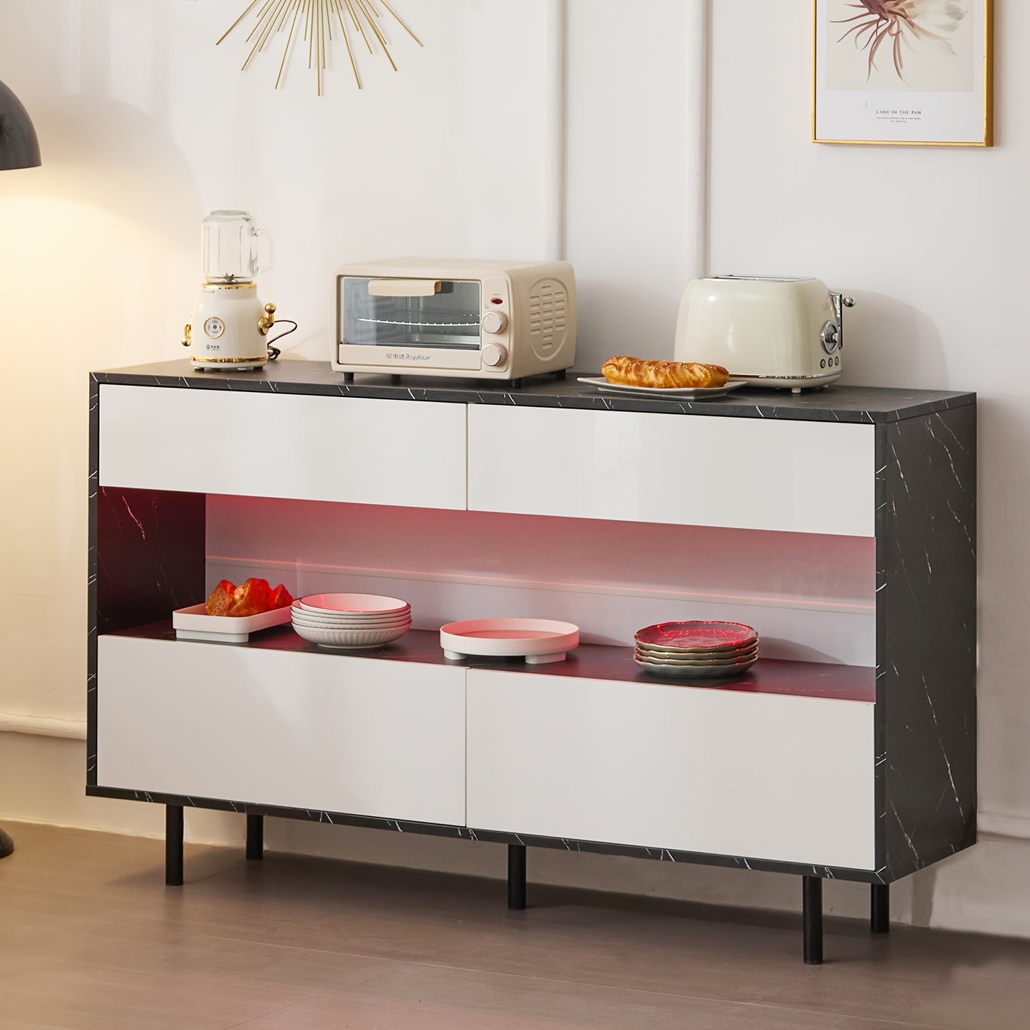 Dressoir – Sideboard – Opbergkast – Buffetkast – Kast – Wit Bamboo Met Zwart Marmerdesign – 150 cm Breed – 4 Lades & Ruime Opbergruimte