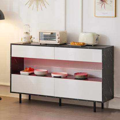 Dressoir – Sideboard – Opbergkast – Buffetkast – Kast – Wit Bamboo Met Zwart Marmerdesign – 150 cm Breed – 4 Lades & Ruime Opbergruimte