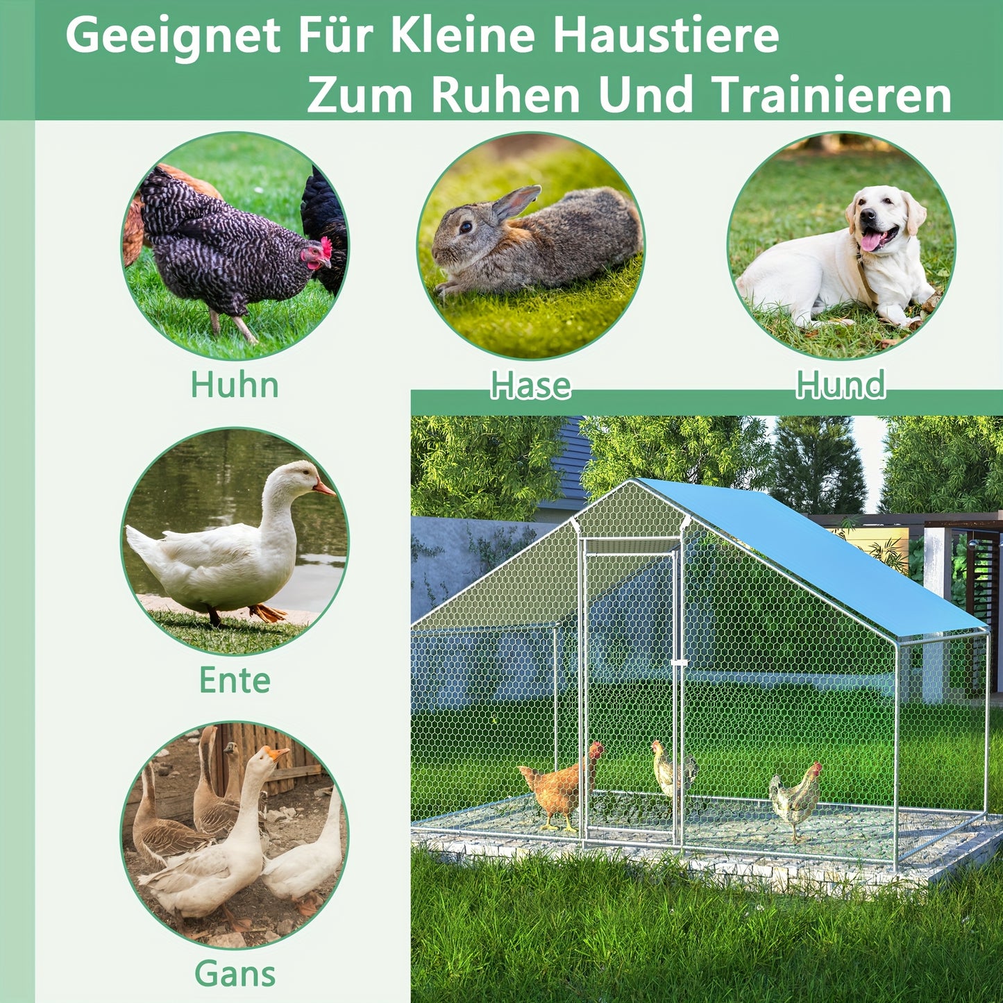 Kippenren – Hokken – Kooien – Buitenruimte – Ren Voor Dieren – 3x2x2 m – Waterdichte PE Stof – Stabiel Metaalframe Met Veiligheidsluiting