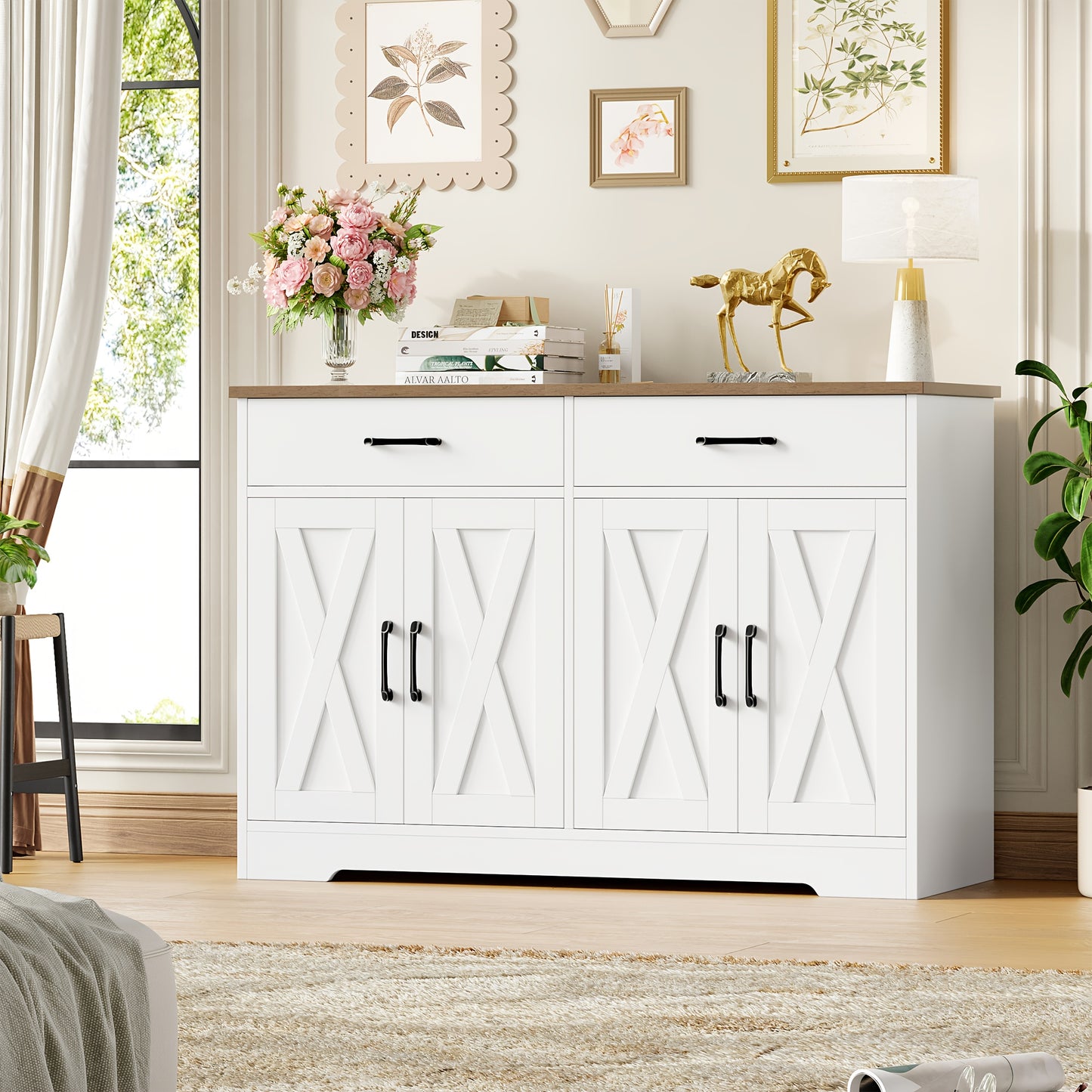 Dressoir – Sideboard – Opbergkast – Ladekast – Kast – Modern Design – 120 cm Breed – Wit Zwarte Accenten – Duurzaam Geperst Hout – 2 Lades & Deuren – Vrijstaand – 3,2+ Kubieke Voet Inhoud