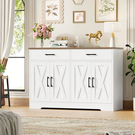 Dressoir – Sideboard – Opbergkast – Ladekast – Kast – Modern Design – 120 cm Breed – Wit Zwarte Accenten – Duurzaam Geperst Hout – 2 Lades & Deuren – Vrijstaand – 3,2+ Kubieke Voet Inhoud