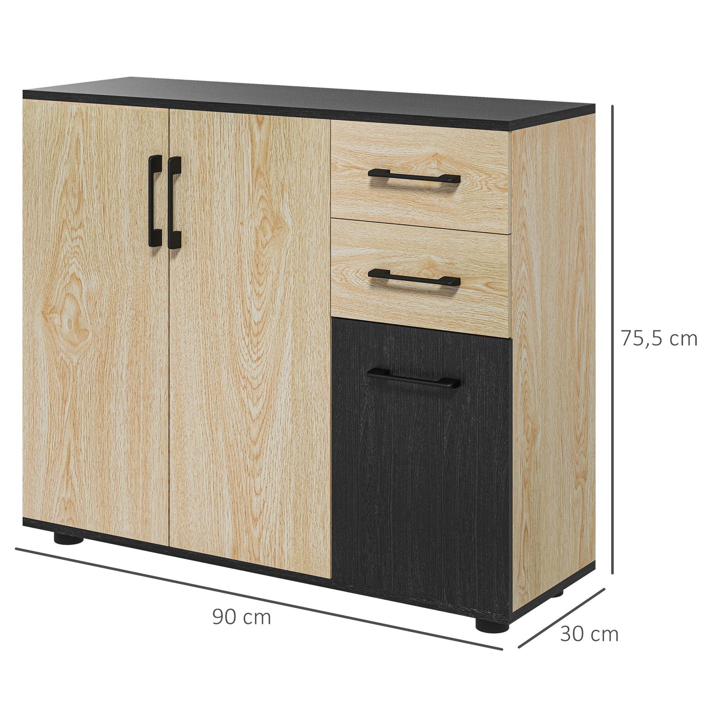 Sideboard – Dressoir – Opbergkast – Kast – Buffet – Natuurlijk Zwart – 90x30x75,5 cm – MDF Met Houtnerfafwerking – Verstelbare Plank & 3 Lades