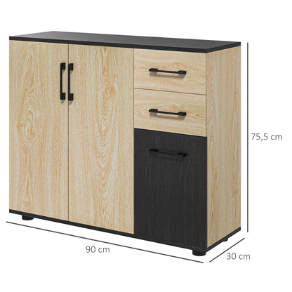 Sideboard – Dressoir – Opbergkast – Kast – Buffet – Natuurlijk Zwart – 90x30x75,5 cm – MDF Met Houtnerfafwerking – Verstelbare Plank & 3 Lades