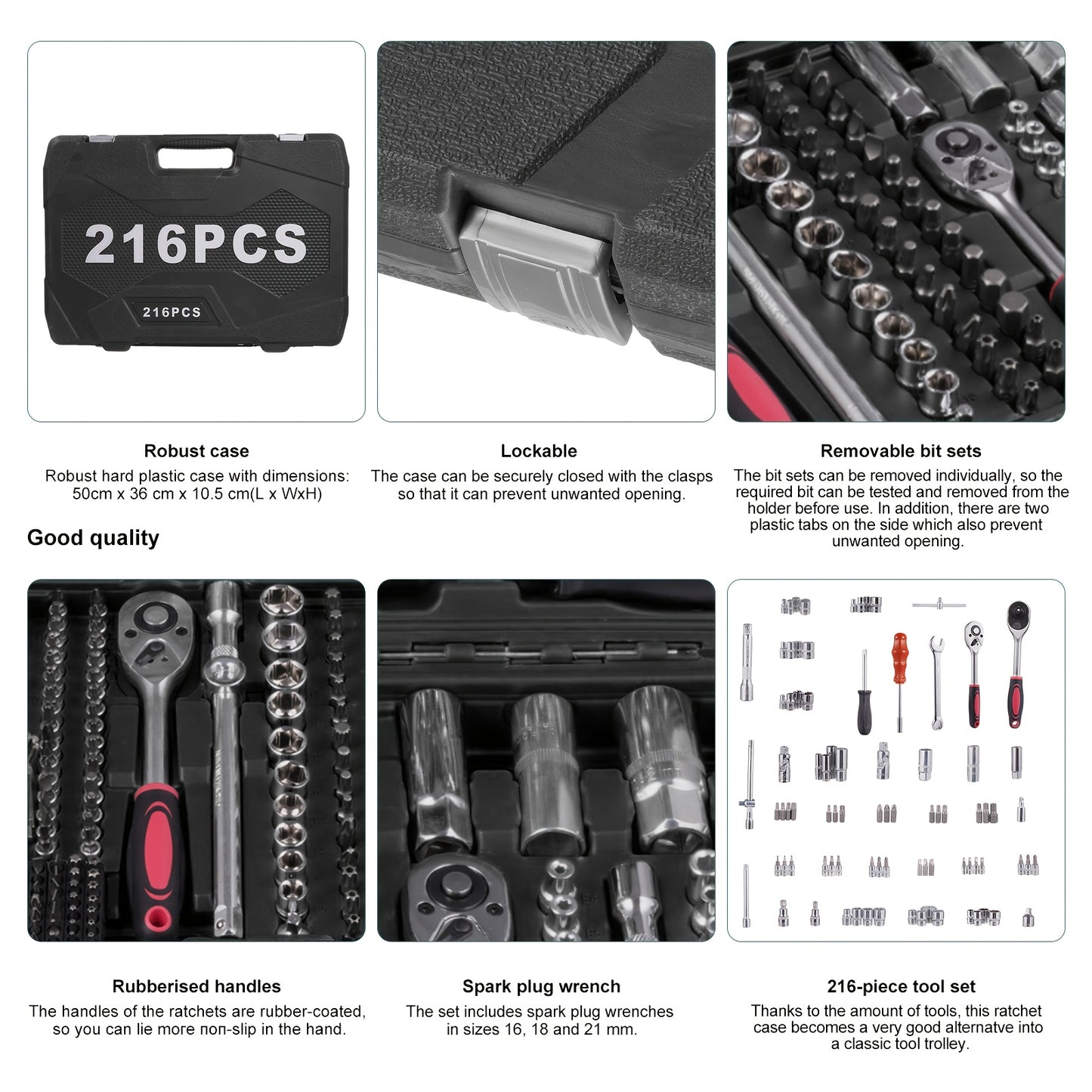 Gereedschapsset – Gereedschapskoffer – Handgereedschap – Schroevendraaierset – Dopsleutelset – 216-delig – Chroom Vanadium Staal – Impactbestendige Opbergkoffer