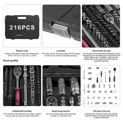 Gereedschapsset – Gereedschapskoffer – Handgereedschap – Schroevendraaierset – Dopsleutelset – 216-delig – Chroom Vanadium Staal – Impactbestendige Opbergkoffer