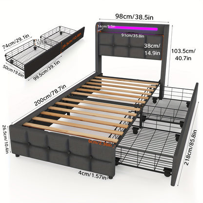 Bed Met Opbergruimte – Bed Met Lades – Gestoffeerd Bed – Eenpersoonsbed – Slaapbed – 90x200 cm – Stevige Constructie Tot 300 Kg – Extra Ruimte Dankzij 2 Lades
