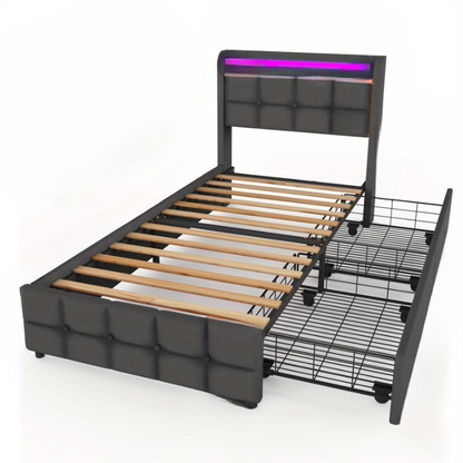 Bed Met Opbergruimte – Bed Met Lades – Gestoffeerd Bed – Eenpersoonsbed – Slaapbed – 90x200 cm – Stevige Constructie Tot 300 Kg – Extra Ruimte Dankzij 2 Lades