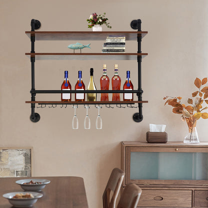 Wijnrek – Flessenrek – Wijnhouder – Wandrek – Wijnopslag – Industrieel Design – Metaal & Hout – Wandmontage – 3 Niveaus – Veiligheidsrand