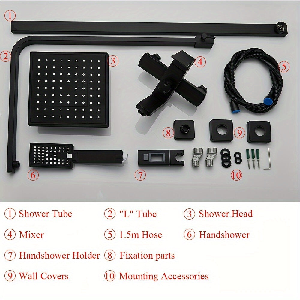 Douchekolom Zwarte Douchekraan Douchepaneel Douche Set Douchewand – Matzwarte Afwerking – Verstelbare Hoogte 75-110 cm – Messing Materiaal – Inclusief Doucheplank en Douchekop