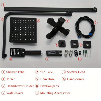 Douchekolom Zwarte Douchekraan Douchepaneel Douche Set Douchewand – Matzwarte Afwerking – Verstelbare Hoogte 75-110 cm – Messing Materiaal – Inclusief Doucheplank en Douchekop