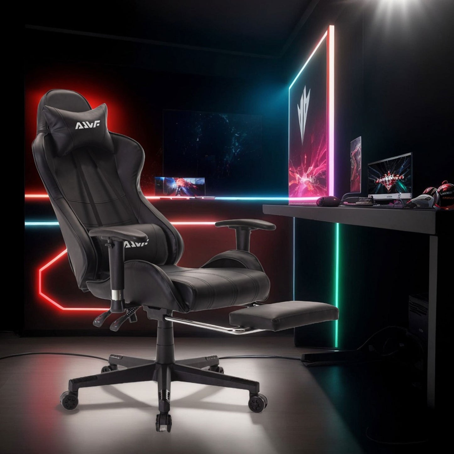Game stoel – Gamingstoel – Racestoel – Bureaustoel – Fauteuil – Ergonomische Lendensteun – Verstelbare Voetensteun – Zwart Kunstleer – Memory Foam